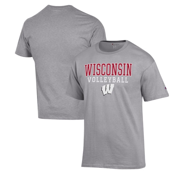 Men's Champion Heather Gray Wisconsin Badgers Stack Logo Volleyball Powerblend T-Shirt