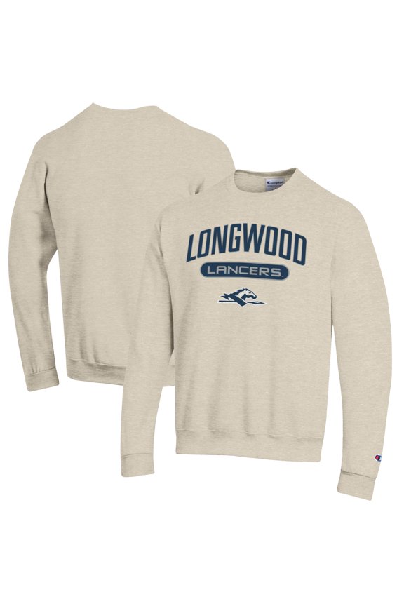 Men's Champion Heathered Oatmeal Longwood Lancers Eco Powerblend Crewneck Sweatshirt