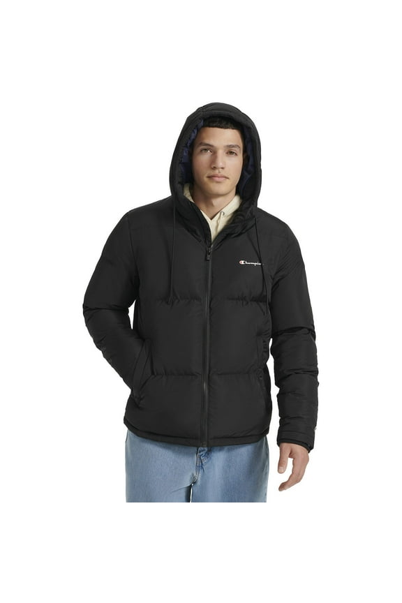 Men's Champion® Hooded Puffer Jacket Color: Black Size: L