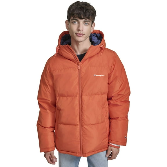 Men's Champion® Hooded Puffer Jacket Color: Orange Size: L