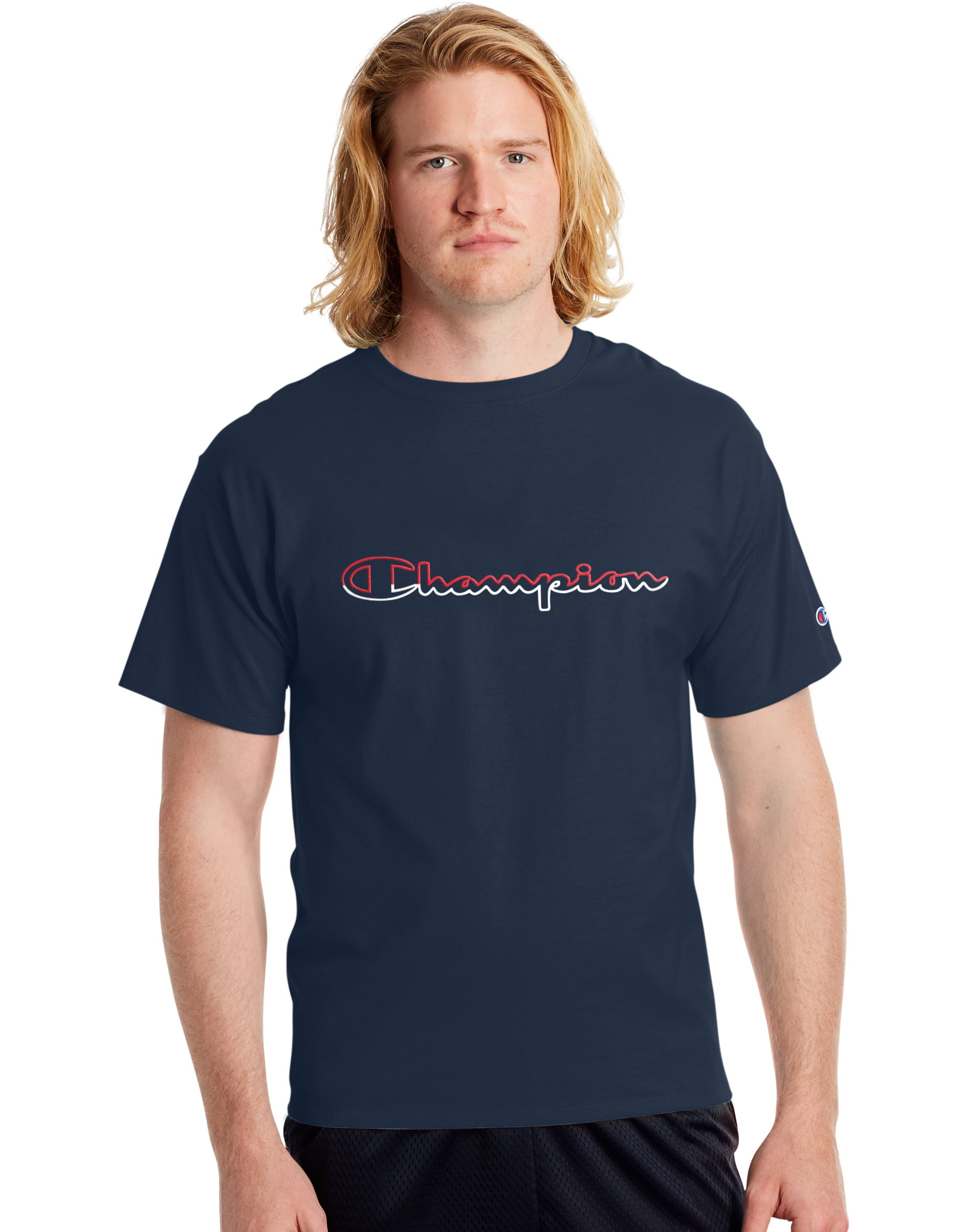 Men s Champion Jersey Tee Split Script Logo Navy S Walmart