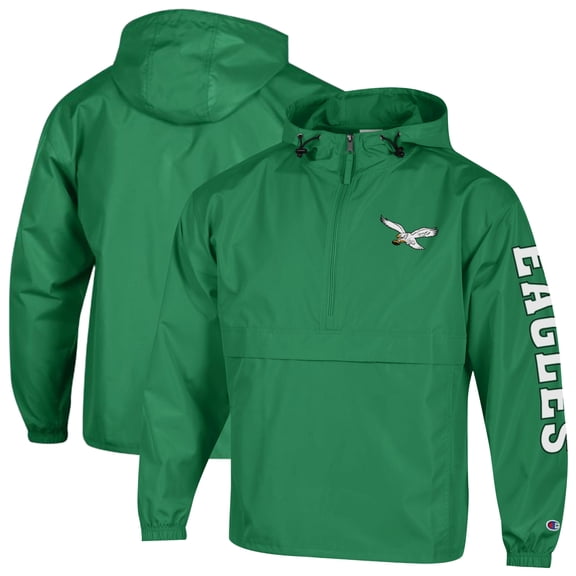 Men's Champion Kelly Green Philadelphia Eagles Packable Hooded Windbreaker Half-Zip Jacket