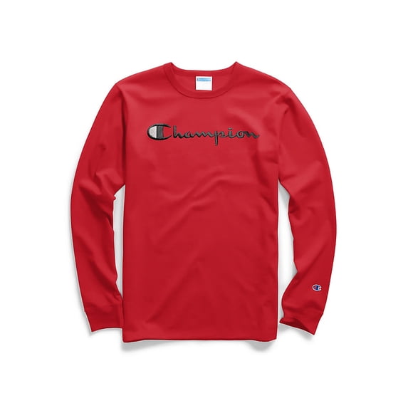 Men's Champion Long-Sleeve Tee, Script Logo Team Red Scarlet S