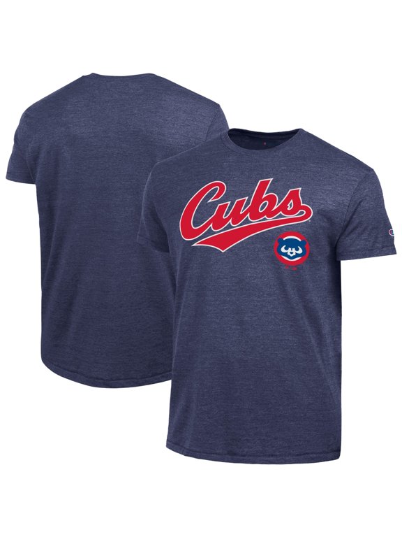 Men's Champion Navy Chicago Cubs Cooperstown Wordmark Lockup Tri-Blend T-Shirt