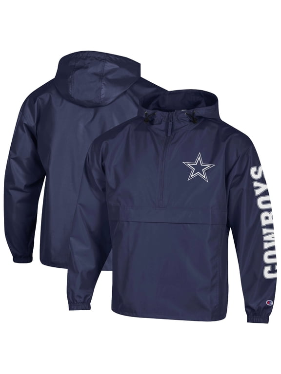 Men's Champion Navy Dallas Cowboys Packable Hooded Windbreaker Half-Zip Jacket