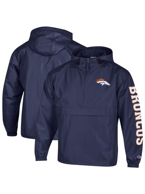 Men's Champion Navy Denver Broncos Packable Hooded Windbreaker Half-Zip Jacket