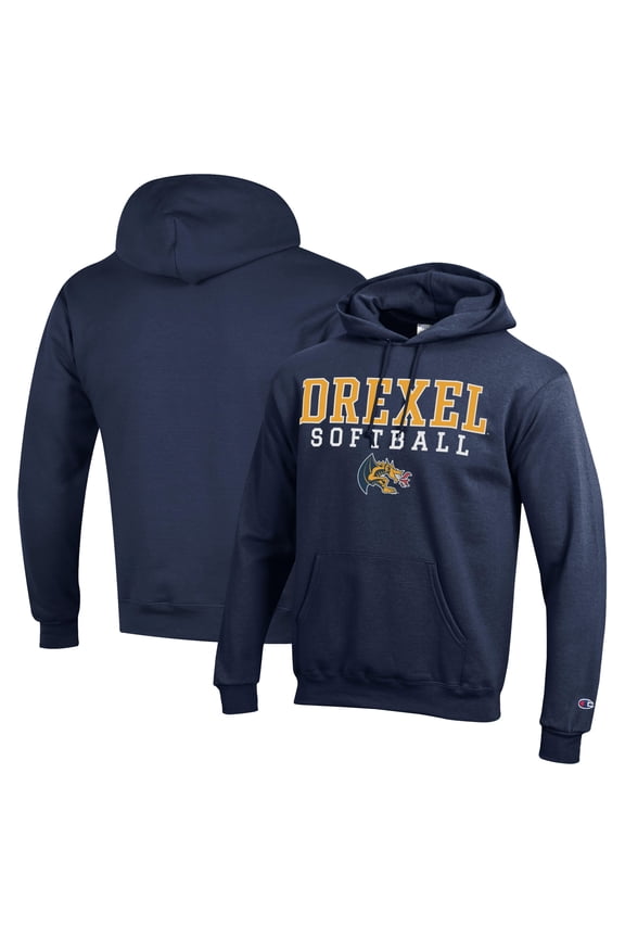 Men's Champion Navy Drexel Dragons Stack Logo Softball Powerblend Pullover Hoodie
