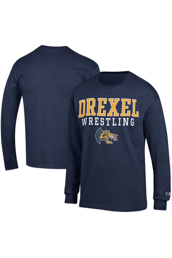 Men's Champion Navy Drexel Dragons Wrestling Stacked Logo Long Sleeve T-Shirt