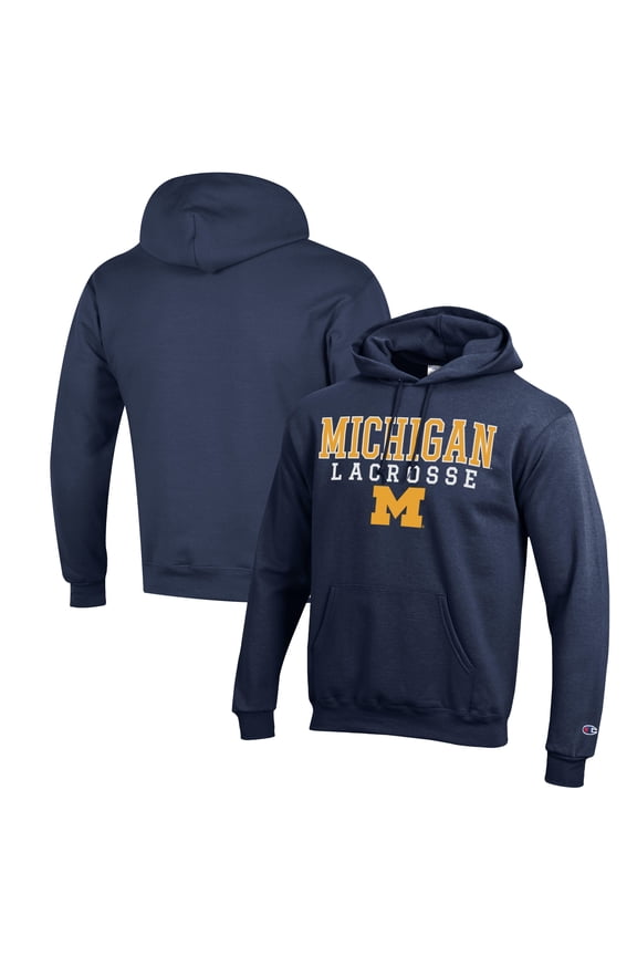 Men's Champion Navy Michigan Wolverines Stack Logo Lacrosse Powerblend Pullover Hoodie