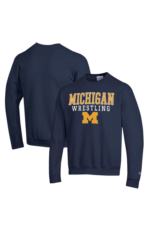 Men's Champion Navy Michigan Wolverines Wrestling Stack Powerblend Pullover Sweatshirt
