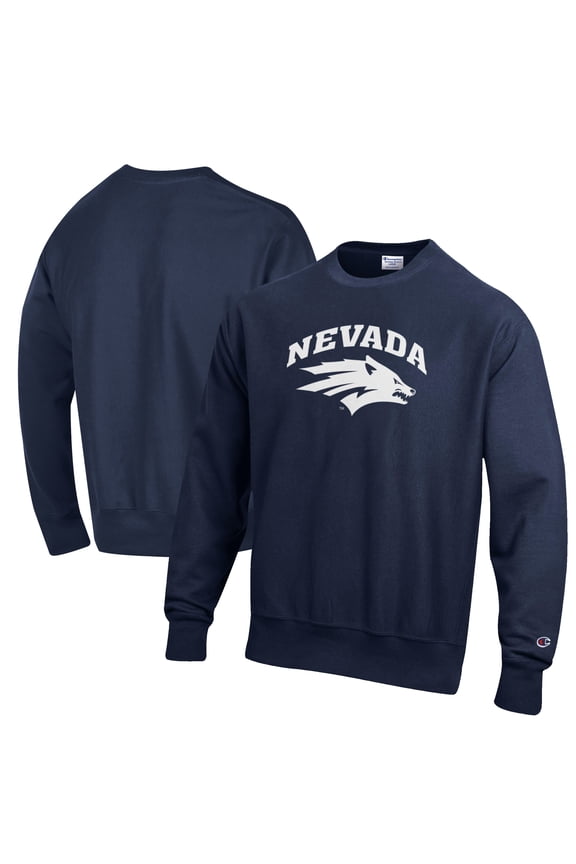 Men's Champion Navy Nevada Wolf Pack Reverse Weave Fleece Crewneck Sweatshirt