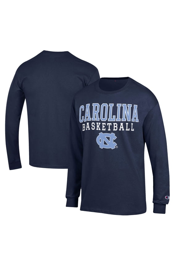 Men's Champion Navy North Carolina Tar Heels Basketball Stack Long Sleeve T-Shirt