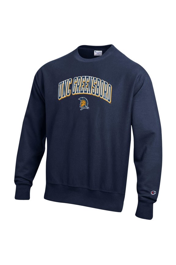Men's Champion Navy UNCG Spartans Arch Logo Reverse Weave Crew