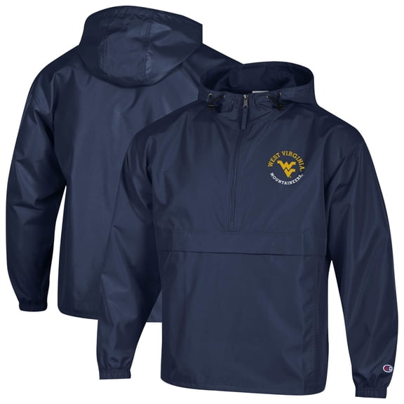 Men's Champion  Navy West Virginia Mountaineers Packable Hooded Windbreaker Half-Zip Jacket