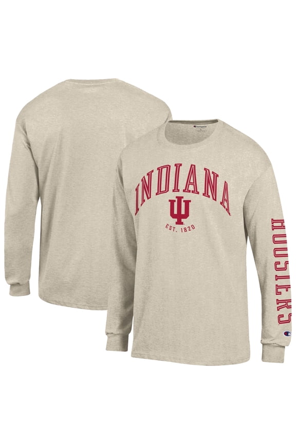 Men's Champion Heather Oatmeal Indiana Hoosiers Neutral Arch Long-Sleeve T-Shirt