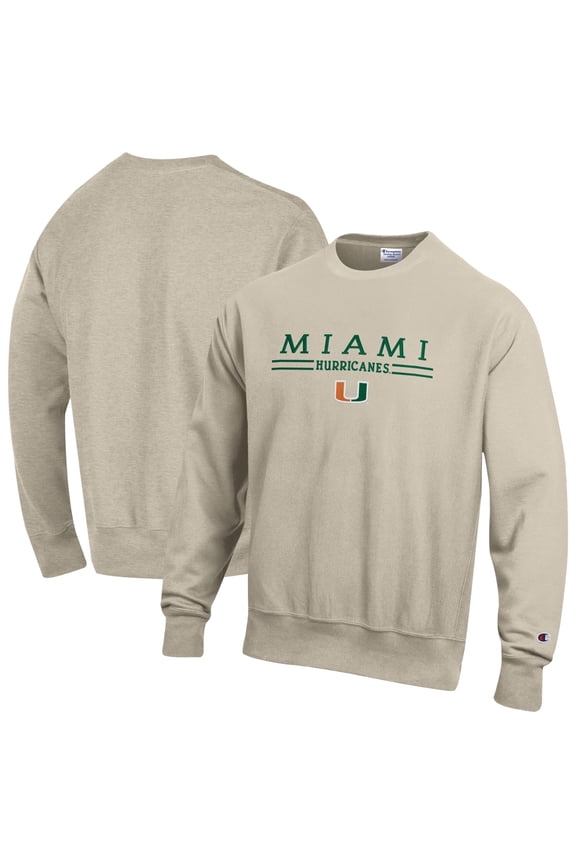 Men's Champion Oatmeal Miami Hurricanes Reverse Weave Crewneck Sweatshirt