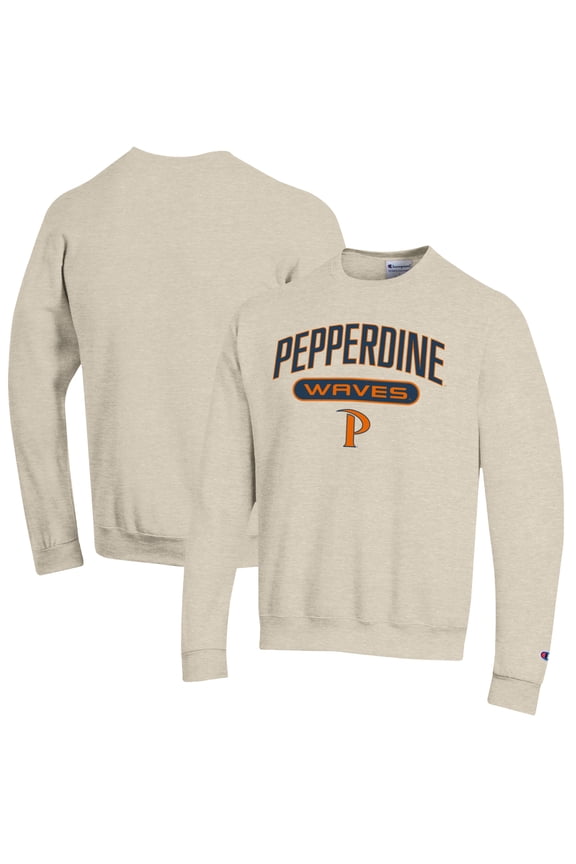 Men's Champion Oatmeal Pepperdine Waves Eco Powerblend Crewneck Pullover Sweatshirt
