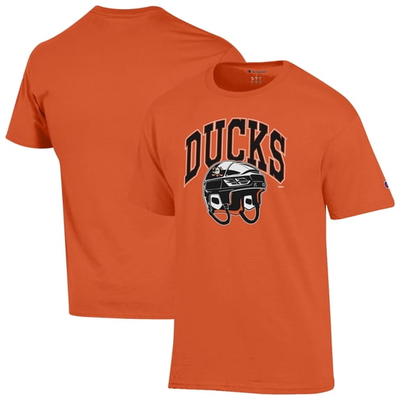 Men's Champion Orange Anaheim Ducks Helmet T-Shirt