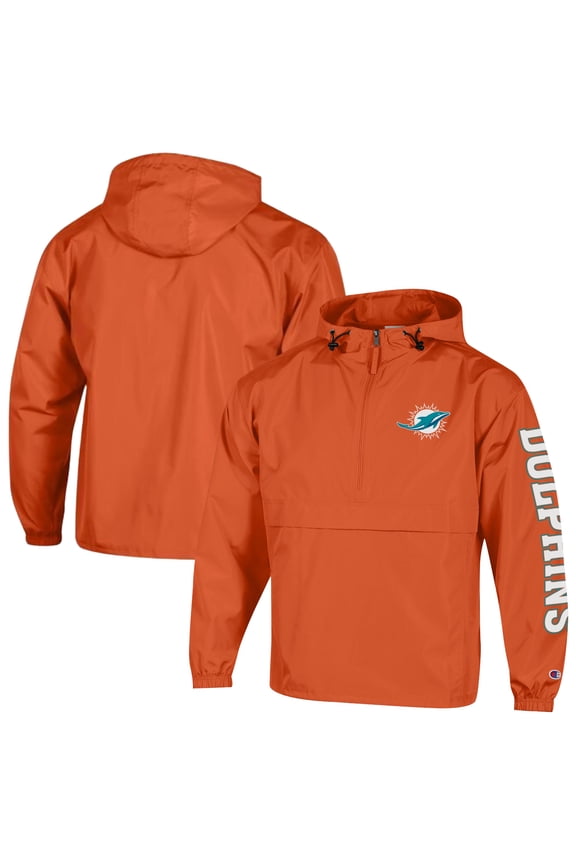Men's Champion Orange Miami Dolphins Packable Hooded Windbreaker Half-Zip Jacket
