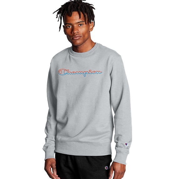 Men's Champion Powerblend Crew, Split Script Logo Oxford Grey M