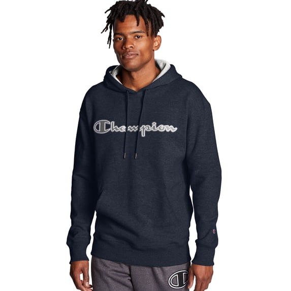 Men's Champion Powerblend Fleece Pullover Hoodie, Chainstitch Outline Logo Navy XS