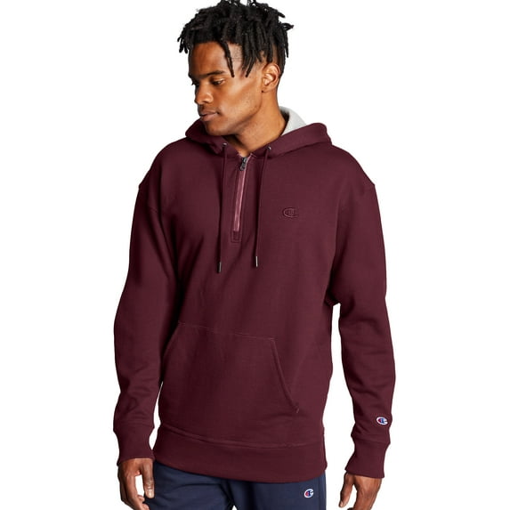 Men's Champion Powerblend Fleece Quarter Zip Hoodie, Embroidered Logo Maroon 2XL