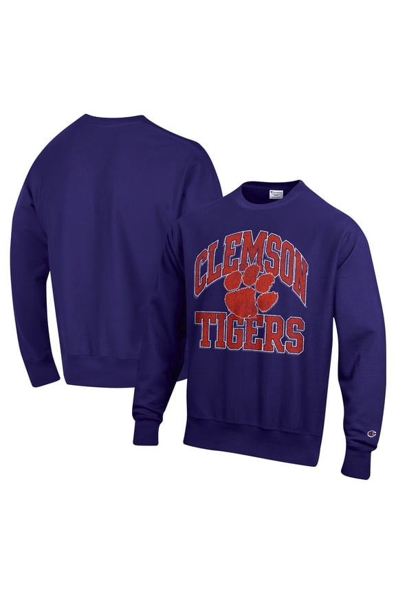 Men's Champion Purple Clemson Tigers Vault Late Night Reverse Weave Pullover Sweatshirt