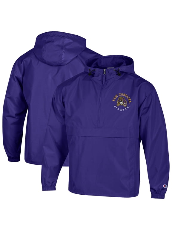 Men's Champion Purple ECU Pirates Embroidered Half-Zip Hooded Packable Jacket