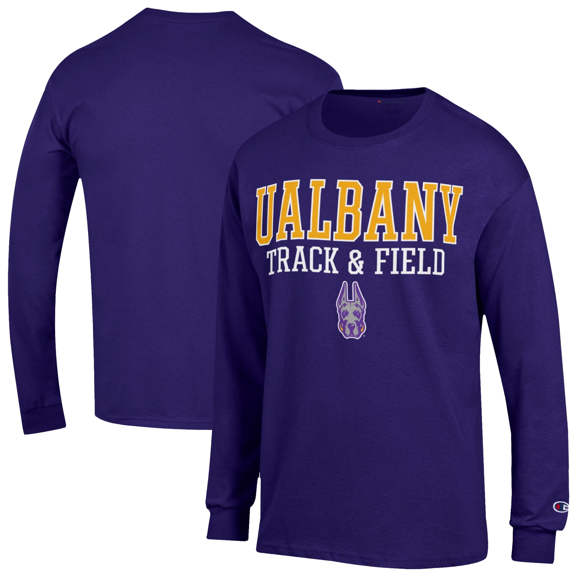 Men's-Champion  Purple UAlbany Great Danes Stacked Track & Field Long Sleeve T-Shirt