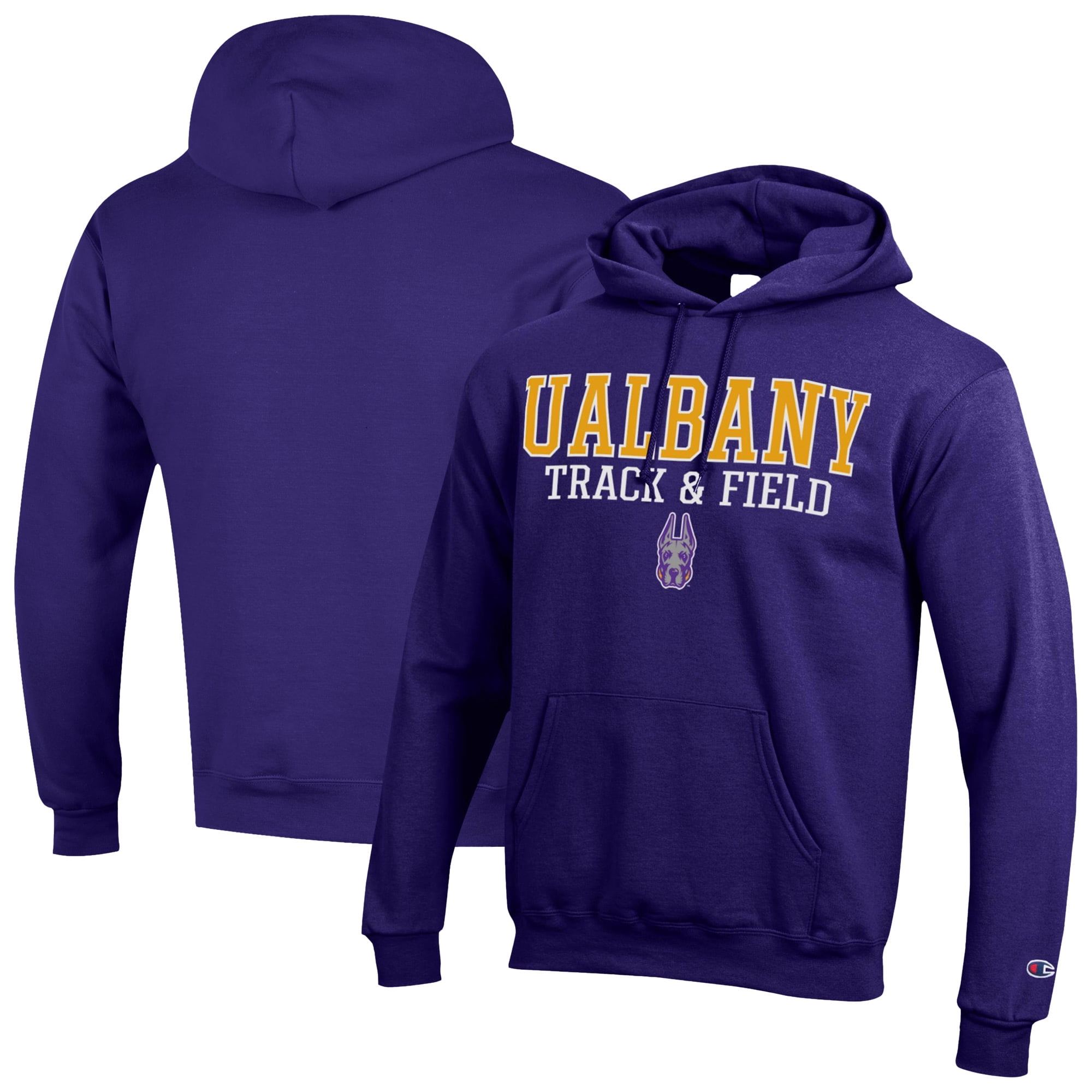 Men's Champion Purple UAlbany Great Danes Track & Field Stack Powerblend Pullover Hoodie
