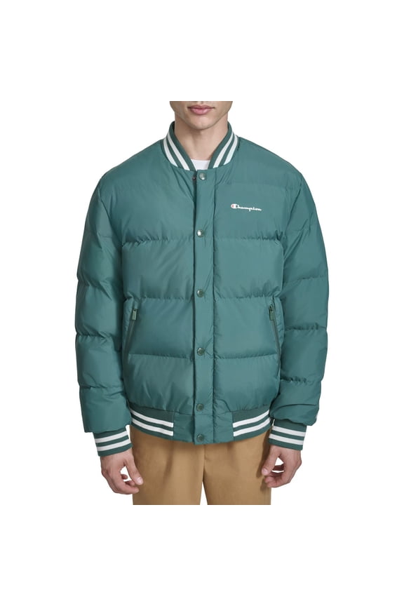 Men's Champion® Quilted Varsity Puffer Bomber Jacket Color: Rain Forest Size: L