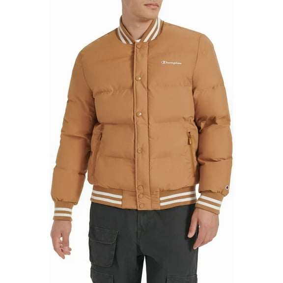Champion Men's Varsity Bomber Puffer Jacket (Tobacco/Small)