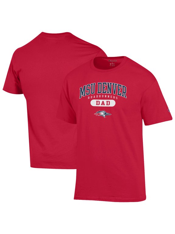Men's Champion Red MSU Denver Roadrunners Dad Pill Box Jersey T-Shirt