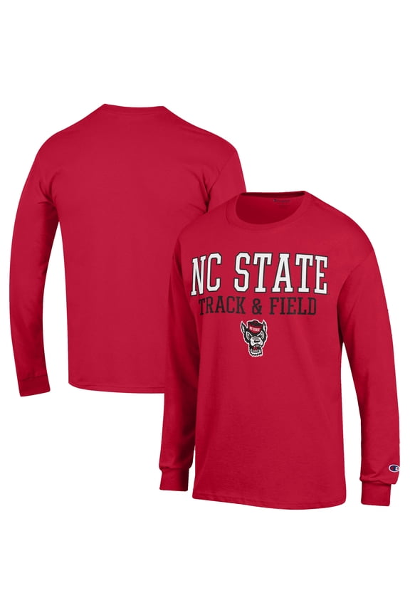 Men's Champion Red NC State Wolfpack Track & Field Stack Long Sleeve T-Shirt