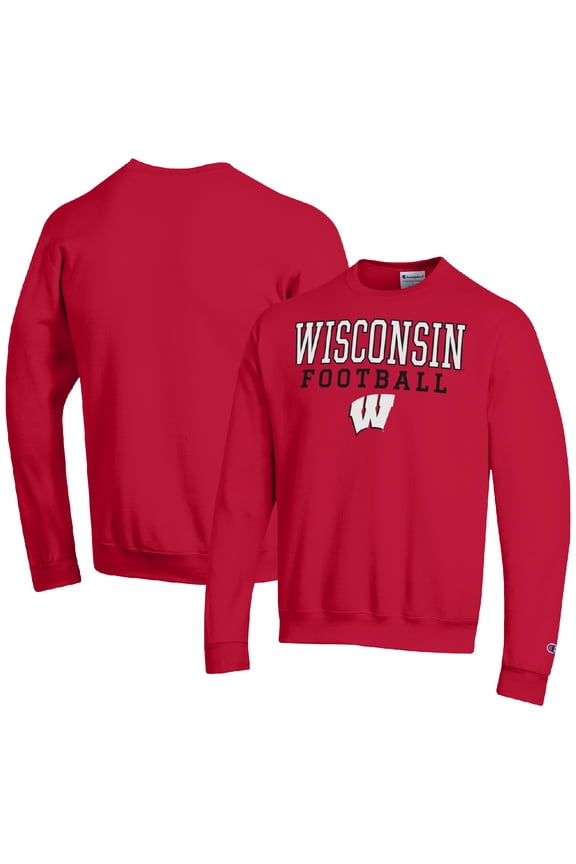 Men's Champion Red Wisconsin Badgers Football Stacked Pullover Sweatshirt