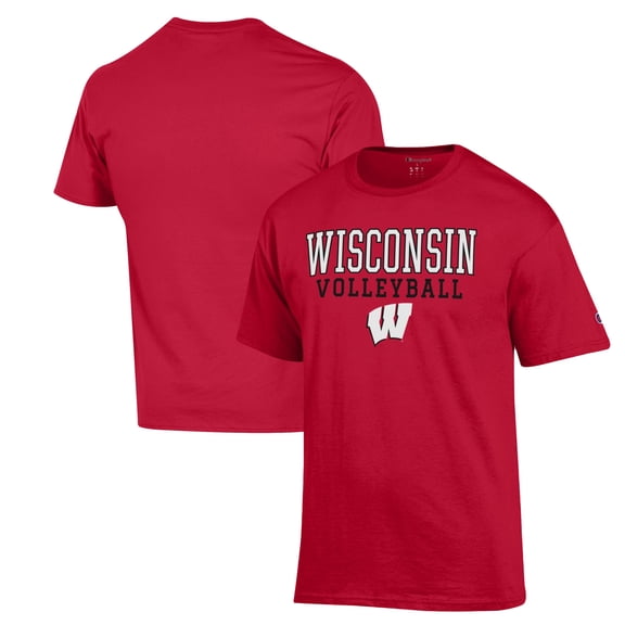Men's Champion Red Wisconsin Badgers Stack Logo Volleyball Powerblend T-Shirt