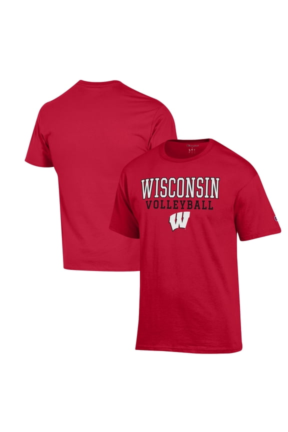 Men's Champion Red Wisconsin Badgers Stack Logo Volleyball Powerblend T-Shirt