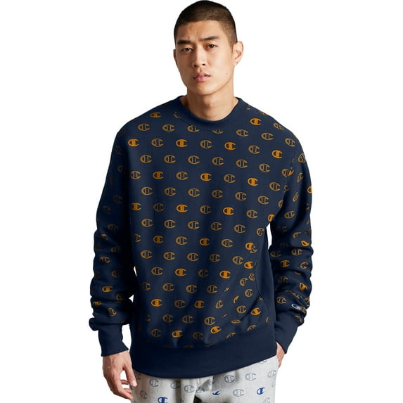 Men's Champion Reverse Weave Crew, All Over Logo C Spaced Navy S