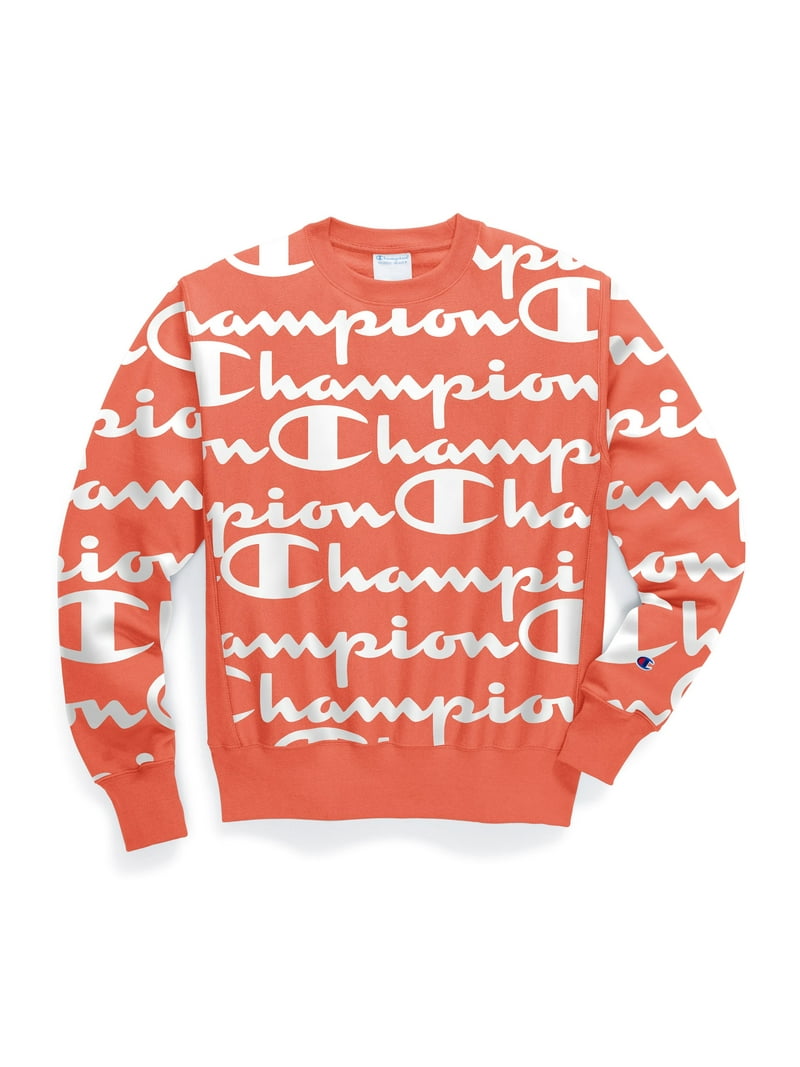 Men's Champion Reverse Weave Crew, All Over Logo Giant Script