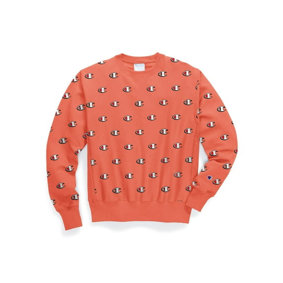 Men's Champion Reverse Weave Crew, All Over Logo Scribble Groovy Papaya L