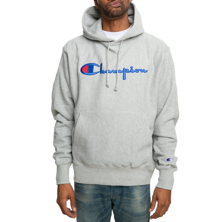 Men s Champion Reverse Weave Hoodie Vintage Script Logo Oxford Grey S