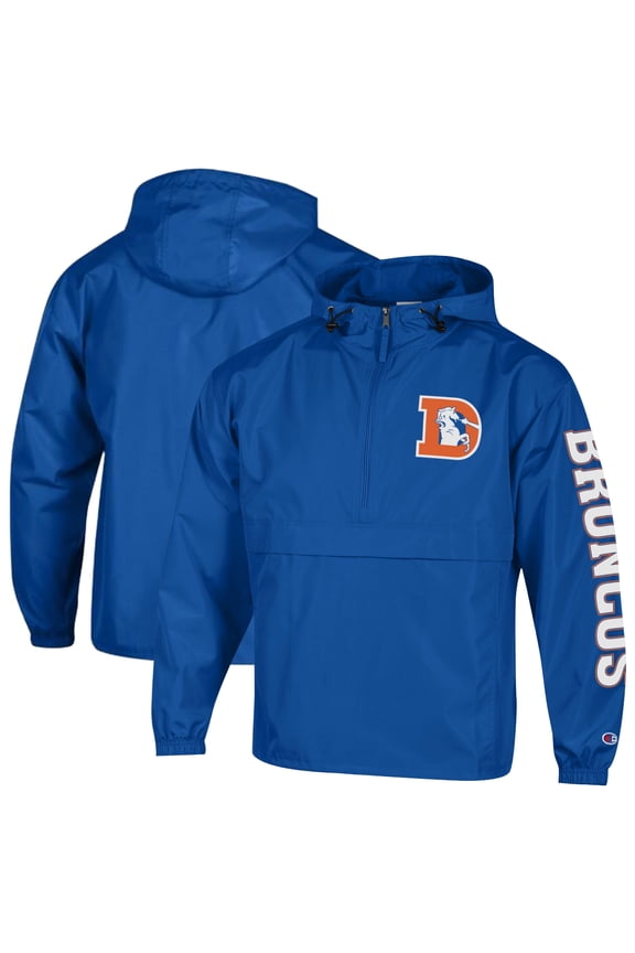 Men's Champion  Royal Denver Broncos Packable Hooded Windbreaker Half-Zip Jacket