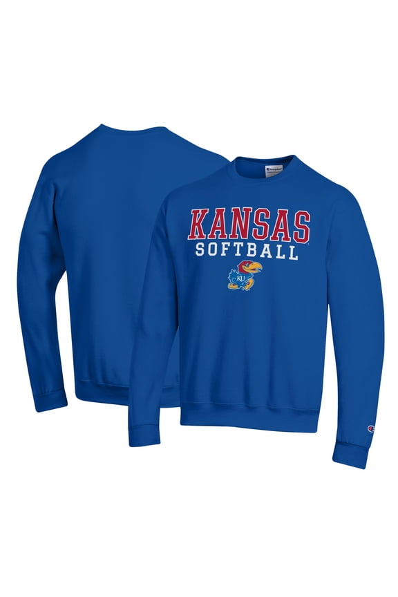 Men's Champion Royal Kansas Jayhawks Primary Team Logo Stack Logo Softball Powerblend Pullover Sweatshirt