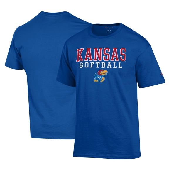 Men's Champion Royal Kansas Jayhawks Primary Team Logo Stack Logo Softball Powerblend T-Shirt