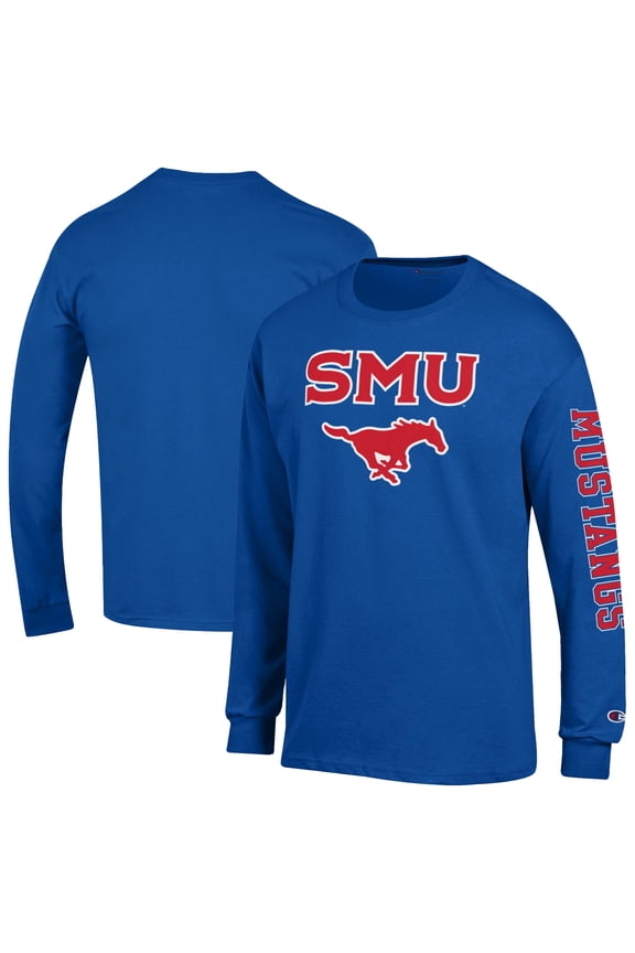 Men's Champion Royal SMU Mustangs Arch Over Logo 2-Hit Long Sleeve T-Shirt