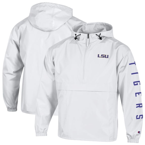 Men's Champion White LSU Tigers Cloud Packable Half-Zip Hooded Jacket