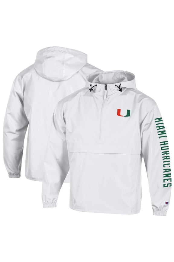 Men's Champion White Miami Hurricanes Cloud Packable Half-Zip Hooded Jacket
