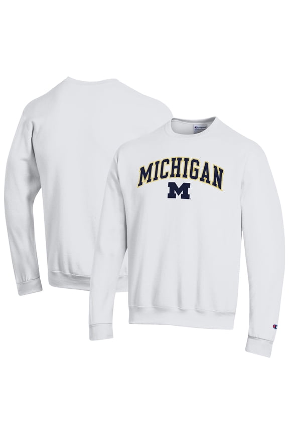 Men's-Champion  White Michigan Wolverines Arch Over Logo Pullover Sweatshirt