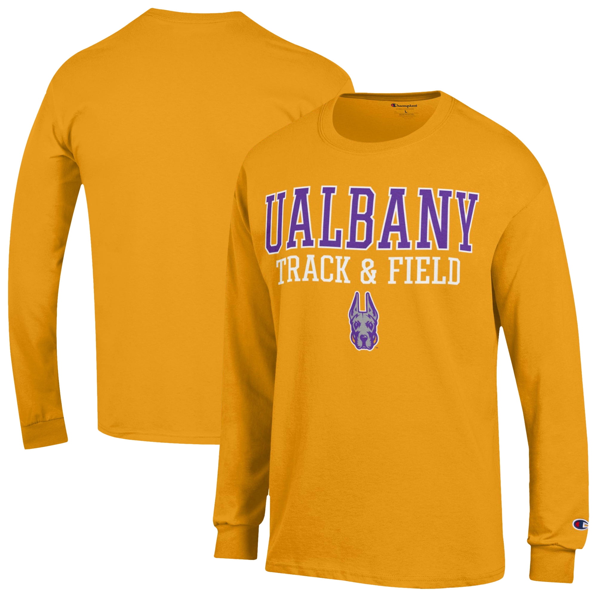 Men's-Champion  Yellow UAlbany Great Danes Stacked Track & Field Long Sleeve T-Shirt