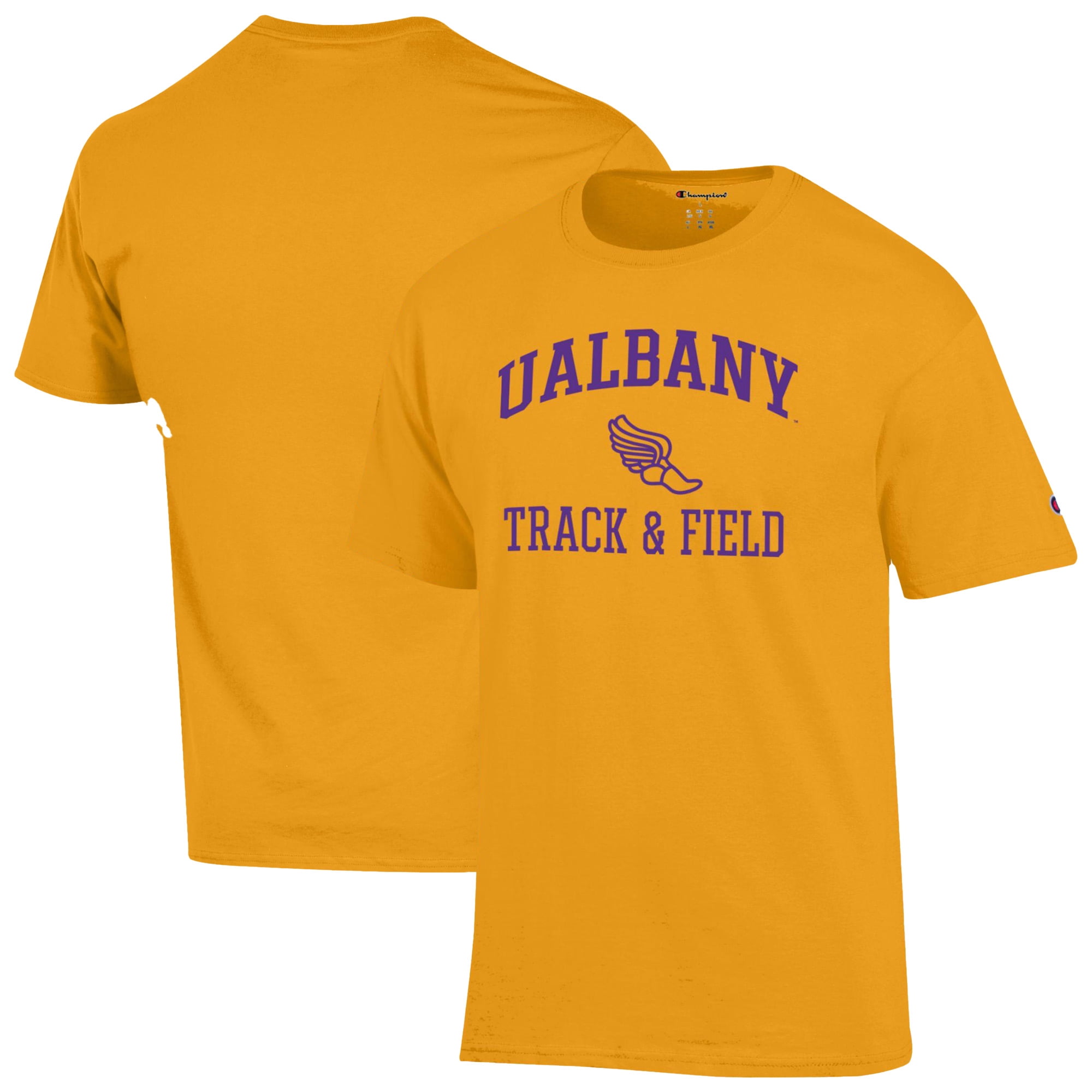 Men's Champion  Yellow UAlbany Great Danes Track & Field Icon T-Shirt